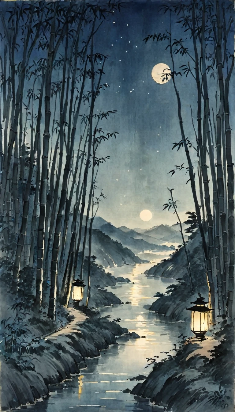 Katsushika Hokusai、Black and White、vague、Mont、Ink and watercolor、Light tones、calligraphy、Ink Painting　Ink Painting　Drawn with a brush　Characters written with a brush　Bamboo forest mountain path，cliff、moon、Many lanterns are lit up in the sky、Beautiful atmosphere, Light in the night sky, Quiet evening atmosphere