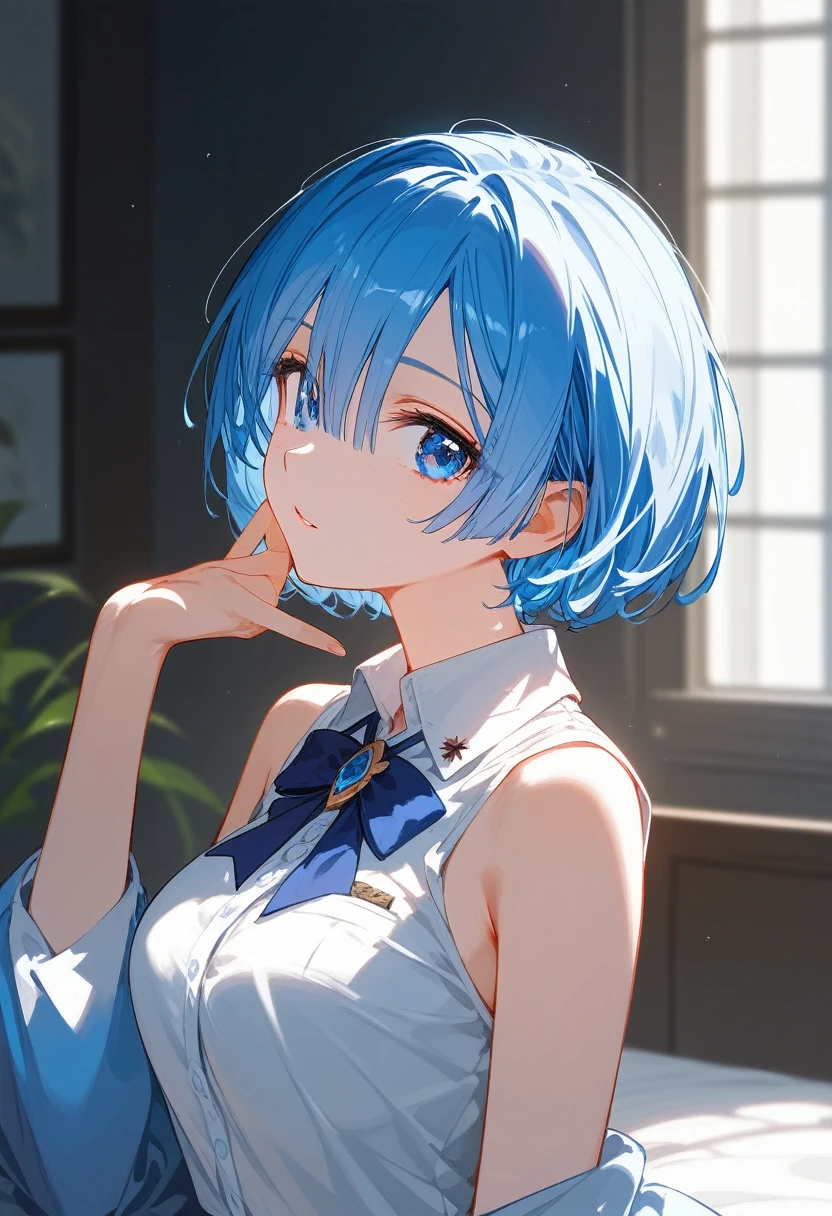 One Girl、masterpiece, Highest quality, Rem, One girl, Collared shirt、short hair、Beautiful blue ocean hair color、Short Hair, (blue eyes:1.5), Blue ribbon, ribbon, Side Lock, (Breasts of common sizes:1.2), break looking at viewer, break indoors, break (masterpiece:1.2), highest qualthaty, High resolution, unthaty 8k wallpaper, (shape:0.8), (Beautiful and beautiful eyes:1.6), Highly detailed face, Perfect lighting, Extremely detailed CG, (Perfect hands, Perfect Anatomy)、Collapse on the bed、that&#39;Fallen、A system that allows you to see the face between your legs、Please open your mouth wide、that&#39;come、Wistful face、Haa、Embarrassing expression(1:2)、Rough breatheing、(((Legs wide open)))、sthat、Lie down in bed、White Background、White Background、Red face、blush、Embarrassing、Dynamic pose、whole body、Sweat、breathe、panic、panic、night、Bangs in one eye