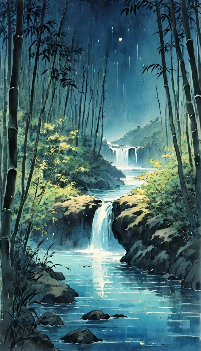 Katsushika Hokusai、vague、Mont、Ink and watercolor、Calm colors、calligraphy、Ink Painting　Ink Painting　Drawn with a brush　Characters written with a brush　bamboo forest，cliff、waterfall、water droplets、Pool、wood々、fish、deer、firefly、Beautiful atmosphere, Darkness of the Night, Quiet evening atmosphere