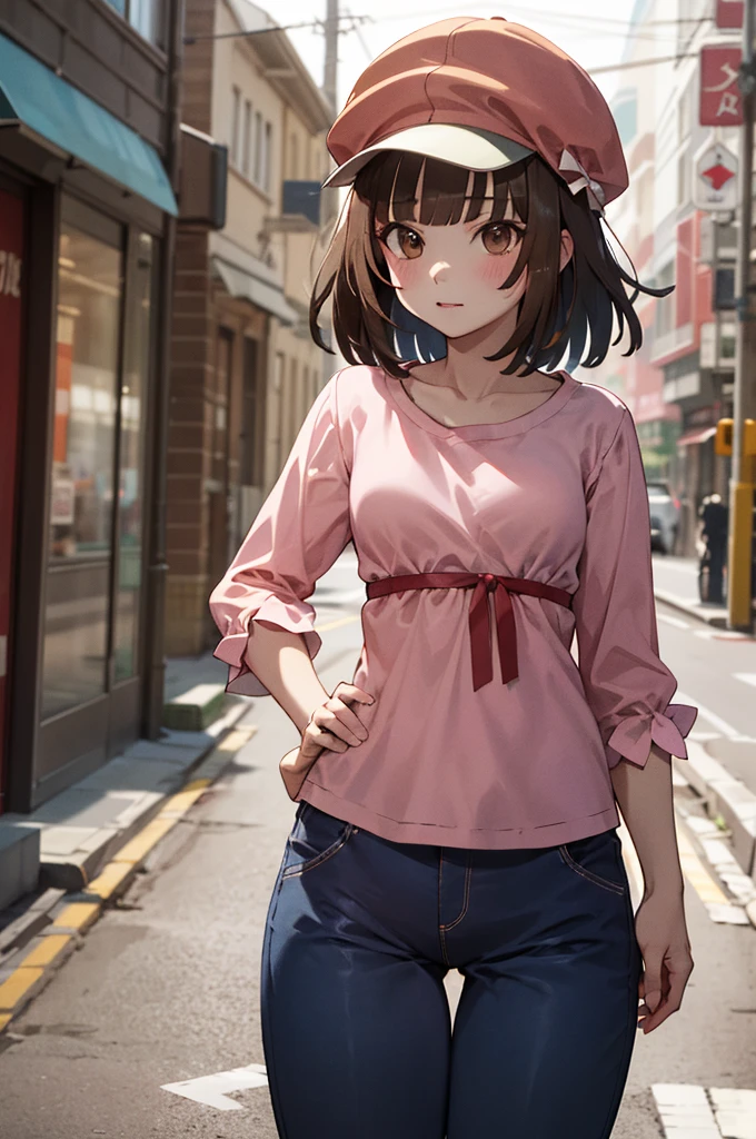 masterpiece, best quality, highres, aanadeko, short hair, brown hair, cabbie hat, orange headwear, blunt bangs, brown eyes, pink shirt, ribbon, blue pants, hand on hip, street, standing, cowboy shot,