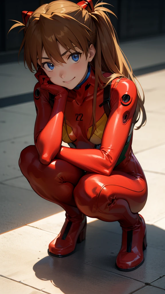 asukalangley, asuka langley soryu, (souryuu asuka langley:1.2), long hair, bangs, blue eyes, brown hair, hair ornament,
BREAK bodysuit, pilot suit, plugsuit, (red bodysuit:1.5), interface headset,
indoor,(((shadow)))
BREAK looking at viewer, smile,squatting