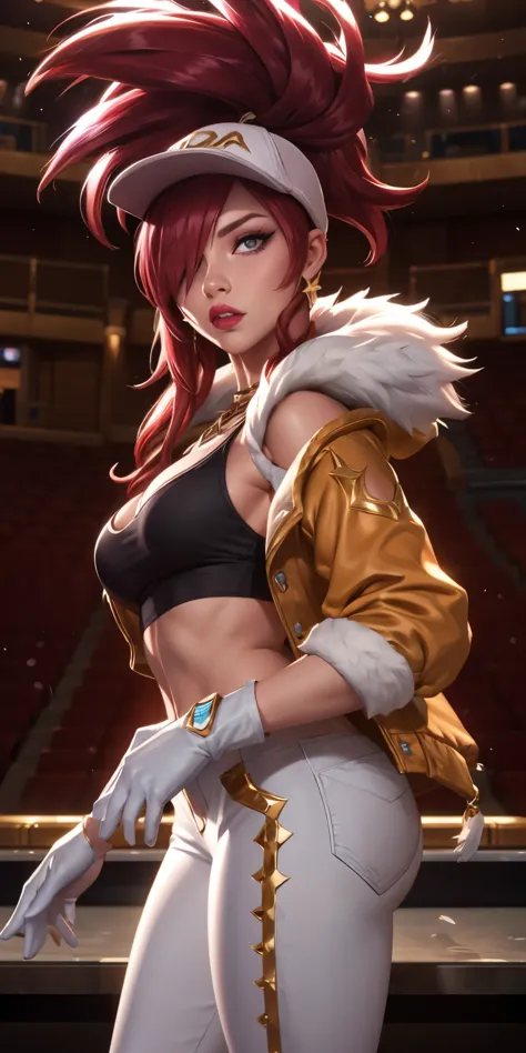 akali kda prestige, 1girl, solo, long hair, breasts, looking at viewer, jewelry, medium breasts, red hair, necklace, hair over o...