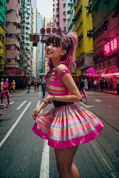 hong kong, day, (low angle shot), view from bottom, (awkward,blush :1.3), alafi girls take photos in colorful clothes, y 2 k cut...