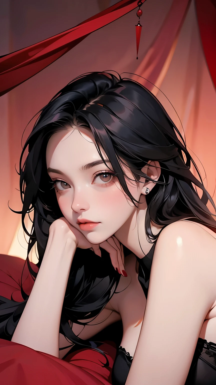 One girl,(Bright lighting,Romantic atmosphere),Dreamy Background,,Black Hair, Captivating Gaze, , Soft Skin, Captivating beauty, Artistic portrait, High-quality images, Vibrant colors,Long translucent red and black silk gown, mosquito net, Lying down, romantic bedroom, Charlie Morningstar, Skin of color, Colored sclera