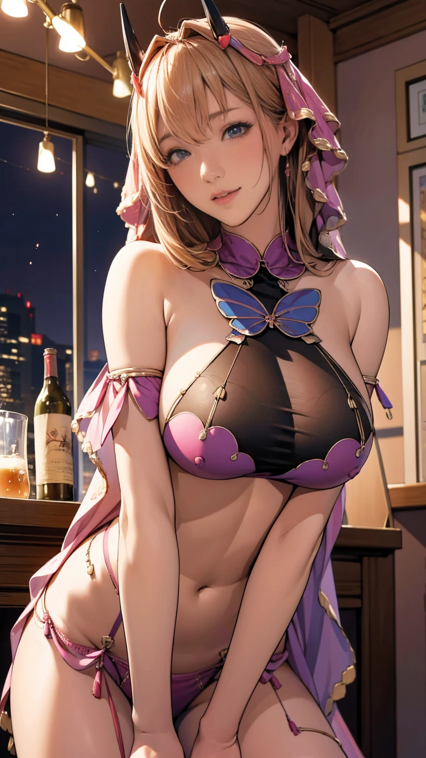 (highest quality, masterpiece:), ultra-high resolution, night, in the pub, Korean gravure model, 24 years old, tight, wearing Kumano`s outfit, high leg, gigantic breasts, puffy nipple:1.4, skinny, bangs, long hair, flaxen hair, choppy hair, unkempt hair:1.2, gorgeous earrings, beauty, embarrassed, blush:1.3, mature woman, please face forward and look at the camera, kumanodancer,