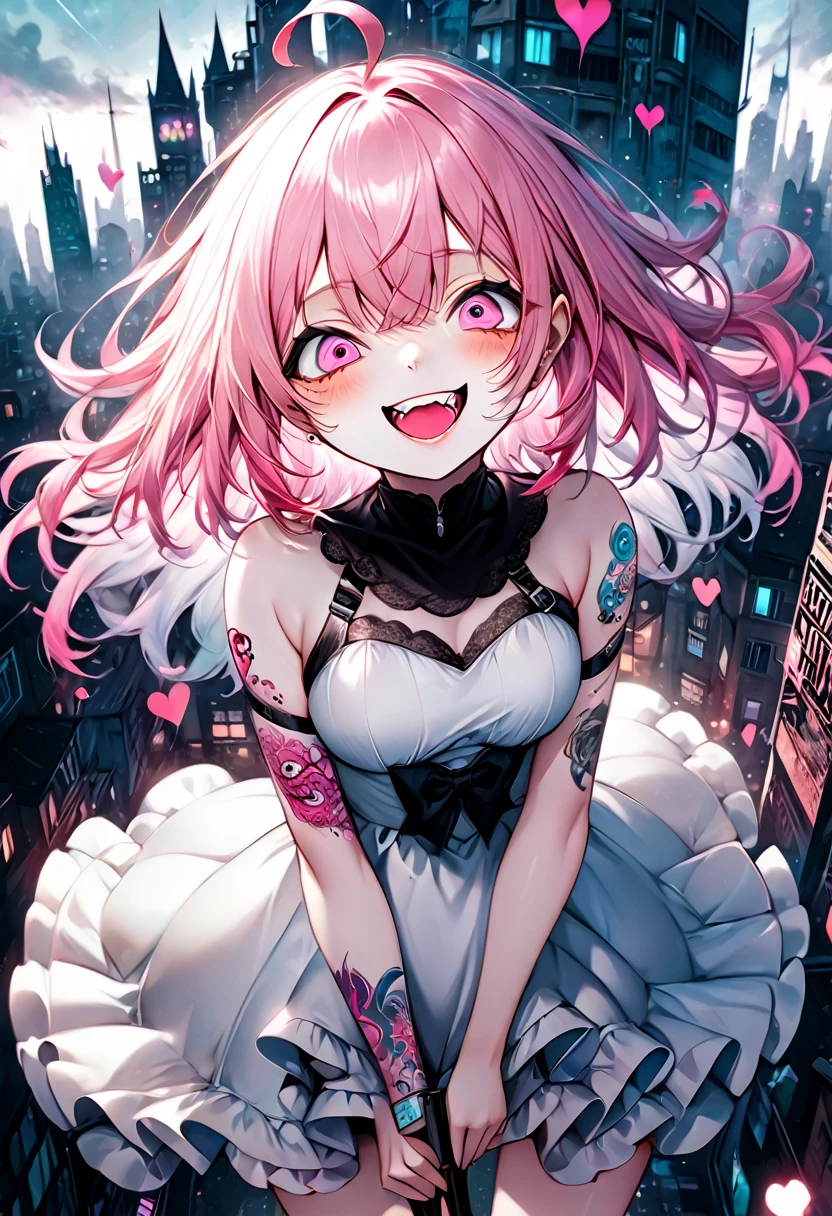 floating cute magical girl, yandere, amorous and lewd face, crazy smile, scary smile, evil smile, teasing smile, grin, lewd smile, malicious smile, creepy smile, big droopy eyes, huge mouth, make-up, pink messy wavy short hair, ahoge, blunt bangs, covered in tattoos, great proportion, wearing pink and white frilly fluffy dress, heart-shaped magic stick, background pastel colors, kaleidoscope of cityscapes, analyzers, labs, with mix of stonepunk, firepunk, and waterpunk, shading effects, gradation magic effects, foggy filter effects, glitter effects, (ultra detailed, absolutely resolution, best quality:1.3), 2.5D, delicate and dynamic, artistic photography, hyper realistic, graphic CG digital art