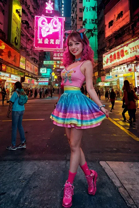 hong kong, day, (low angle), viewer from bottom, ground level ) (awkward,blush :1.3), alafi girls take photos in colorful clothe...