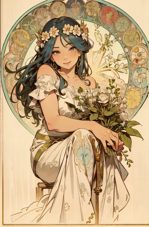 (masterpiece, best quality),ukiyoe,
bare shoulder, depth of field, highest quality, ultra detail, White skin, double eyelids, Woman sitting half-body with a light blue rose in her hair, Alphonse Mucha, Solo, Forelock, Watch your audience, Light blue hair, smile