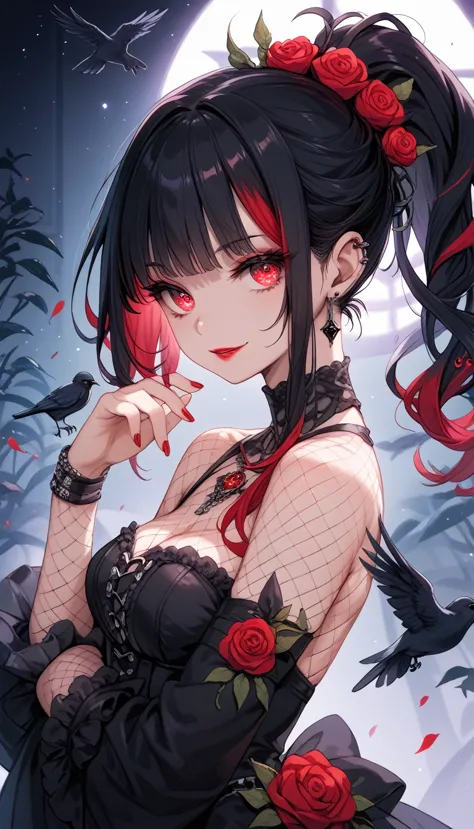 （dark atmosphere，gothic fashion，bright colors），（highest quality，super exquisite item，），sexy goth vampire girl，in the rose garden...