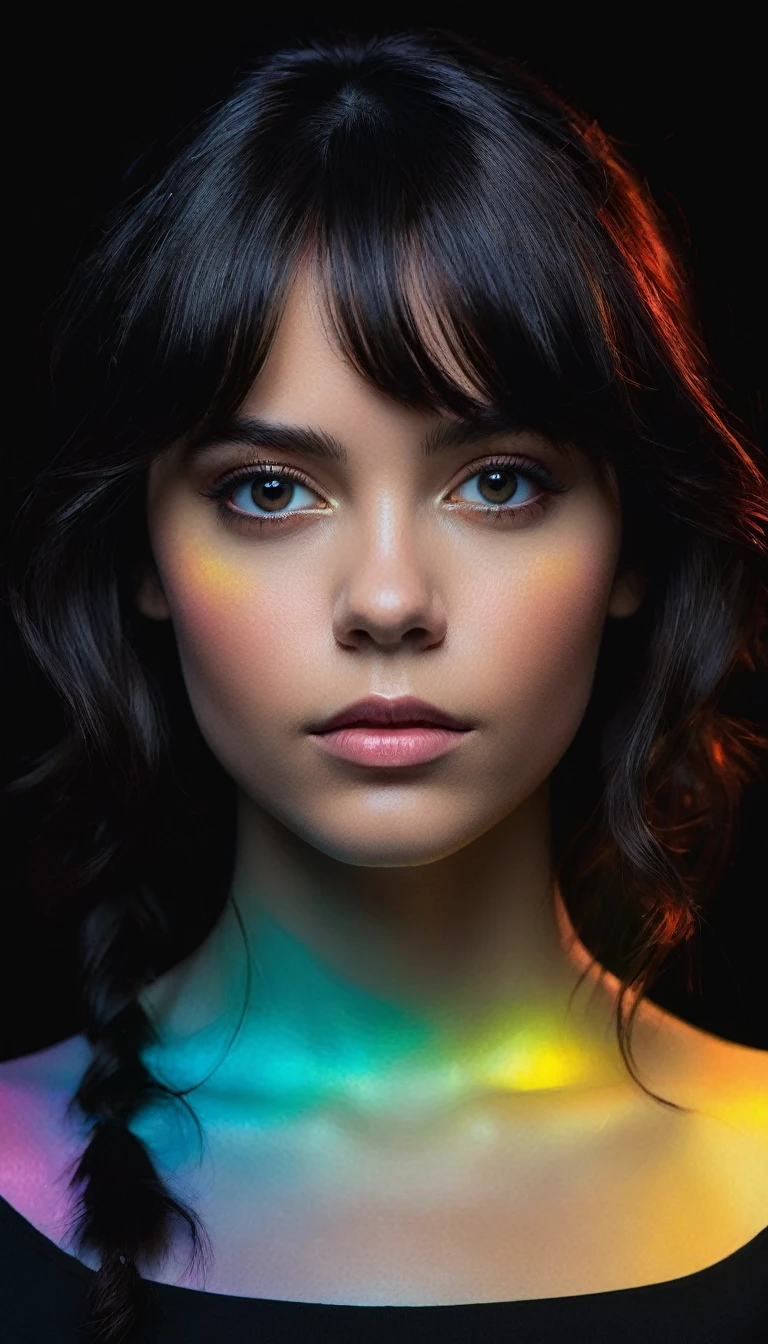 a polychromatic girl with dark hair looking directly at viewer, upper body portrait, face forward, limited palette, black background, glowing