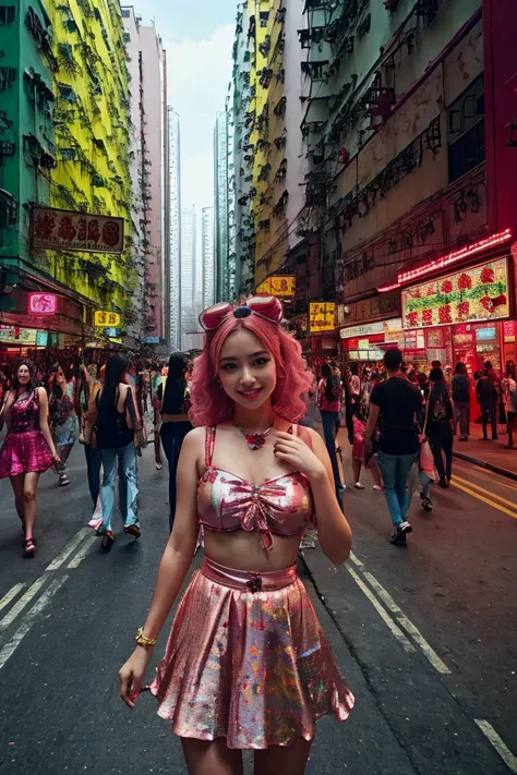 hong kong, day, (very low angle, view from ground level ) (awkward,blush :1.3), alafi girls take photos in colorful clothes, y 2...