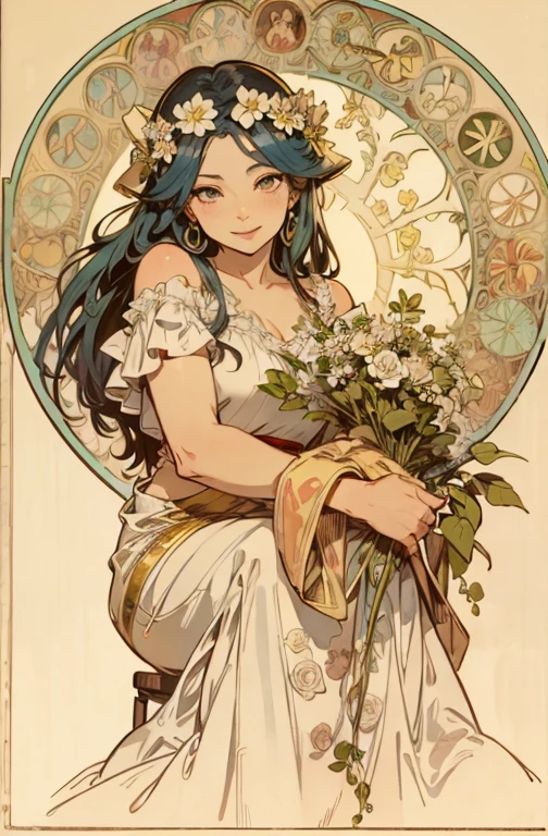 (masterpiece, best quality),ukiyoe,
sexy, depth of field, highest quality, ultra detail, White skin, double eyelids, Woman sitting half-body with a light blue rose in her hair, Alphonse Mucha, Solo, Forelock, Watch your audience, Light blue hair, smile, seductive