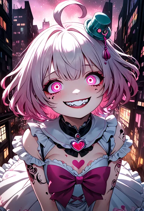 floating cute magical girl, yandere, amorous and lewd face, crazy smile, scary smile, evil smile, teasing smile, grin, lewd smil...