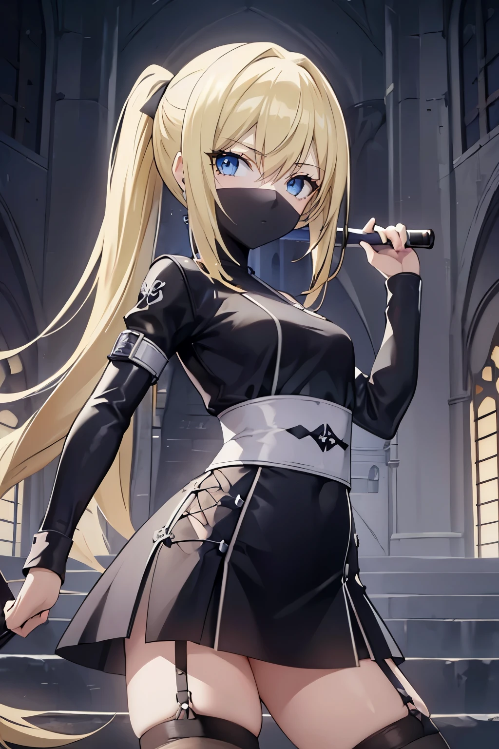 Safe for work, masterpiece, best quality, solo, 1 girl, (young female body:1.4), (medium small breasts), golden yellow hair, extra long hair, blunt bangs, crystal blue eyes, very detailed eyes, cowboy shot, detailed eyes, cathedral backgroumd, church, ponytail, ninja girl, black ninja outfit, black assassin costume, mask over mouth, black shorts, stockings, short body suit in black, white details, ninja girl, garter straps