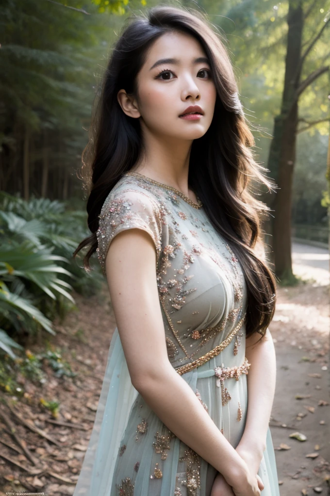 ((RAW,35mm)),((Masterpiece)),Ultra Realistic full frame half bare body photo, forest peril fallen out-cold paralyzed helpless on ground,beautiful brunette long wavy hair asian princess(oblong face,slim,height 180cm,34-24-34 body ratio,natural round chest),wearing majestic royal embroidery gown,long cape),intricate,detailed.[erotic dead body][falls gracefully][torn dress][revealing][eyes closed][open mouth][macabre], sharp image, UHD,8k