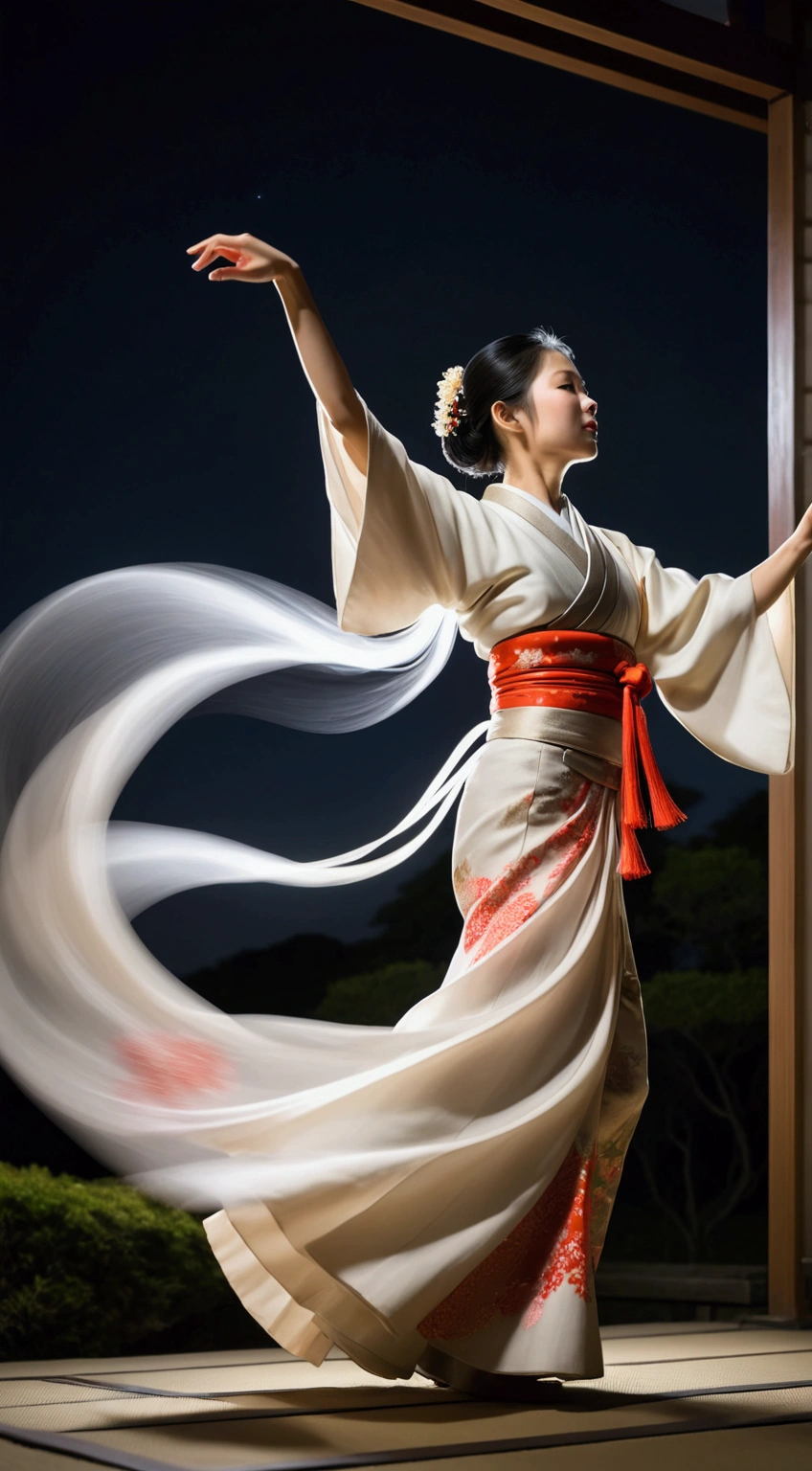 long exposure photo of a {woman in Japanesse traditional outfit dancing in the moon light}in motion, lower angle shot++, ground side view, blurred edges, slow shutter speed motion photography, shot on FufjiFilm XT4 camera f/2. ISO 200, long ribbon shawl flowing behind her make attractive look