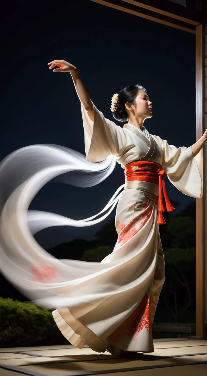 long exposure photo of a {woman in japanesse traditional outfit dancing in the moon light}in motion, lower angle shot++, ground ...