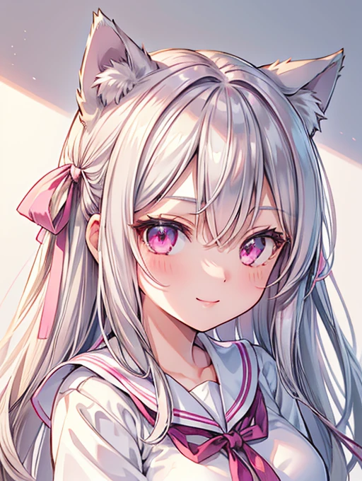 Highly detailed face,fine grain,Highlighted eyes, medium breasts ,pretty girl, smile shyly,Cat ear,Beautiful silver hair,Pink inside,Beautiful pink eyes,shiny skin, beautiful shadow,White sailor uniform,ribbon, I want to send a letter to you
