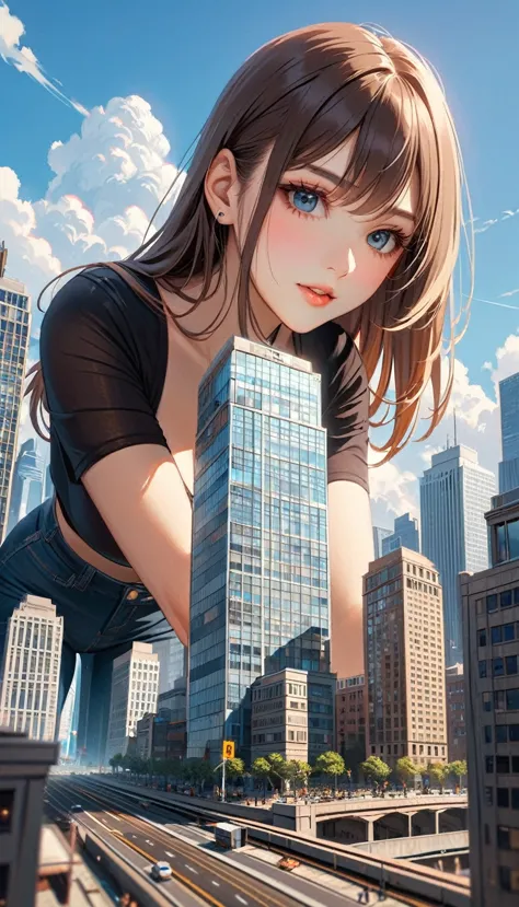 1girl,solo,portrait display,,looking below,city,sky,giantess,building,