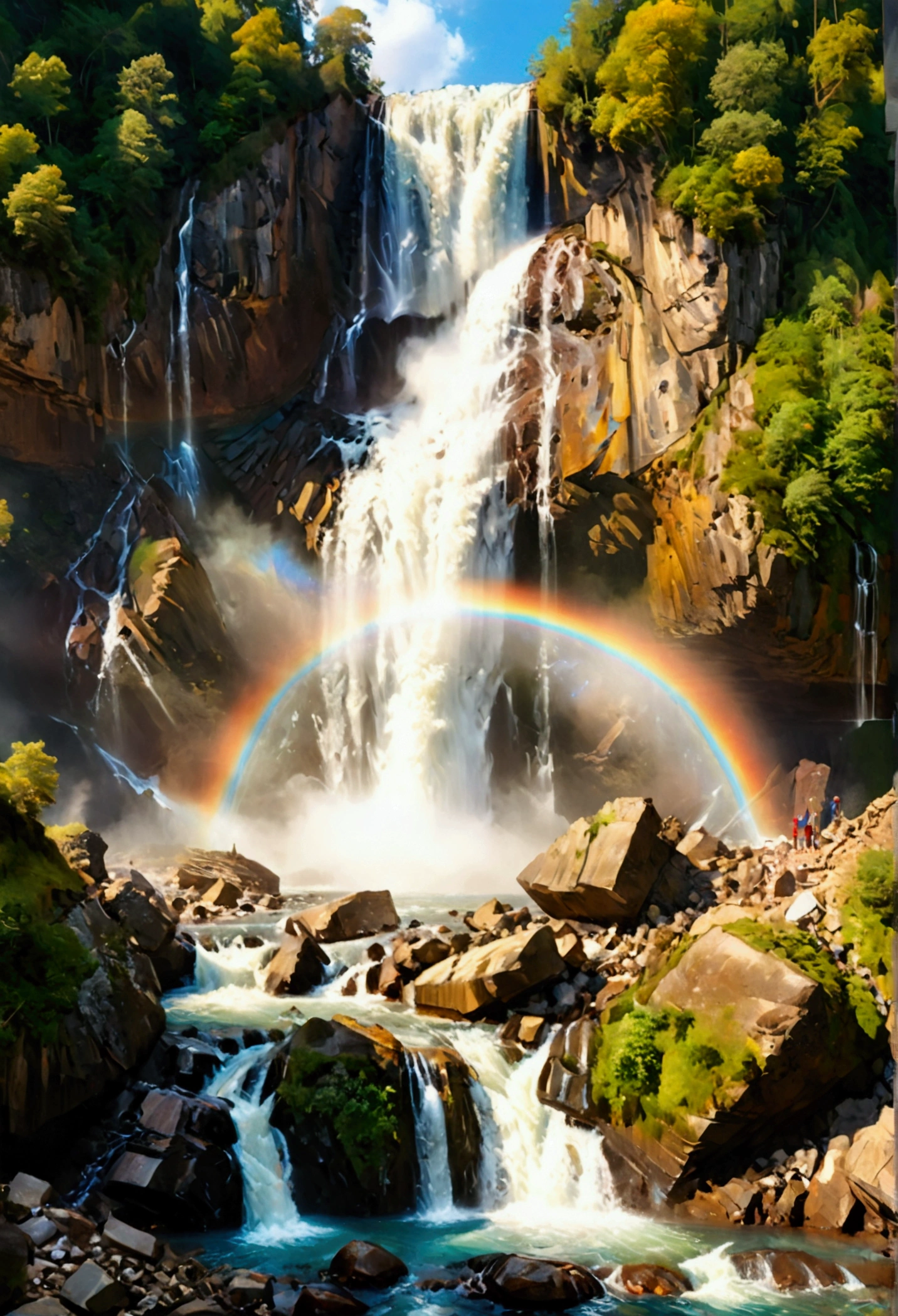 a ((tiro de ângulo baixo: 1.5)), de baixo de uma cachoeira épica, há uma cachoeira épica saindo de um penhasco épico, ((parado bem perto da cachoeira)) a água caindo de verdade, há um arco-íris refletido na água, vibrante, Resolução ultra-alta, Alto contraste, (obra de arte:1.5), mais alta qualidade, melhor estética), melhores detalhes, melhor qualidade, alta resolução, 16k, (ultra detalhado: 1.5), obra de arte, melhor qualidade, (extremamente detalhado) CRU, (ultra detalhes, obra de arte, melhor qualidade),  ral-czmcrnbw