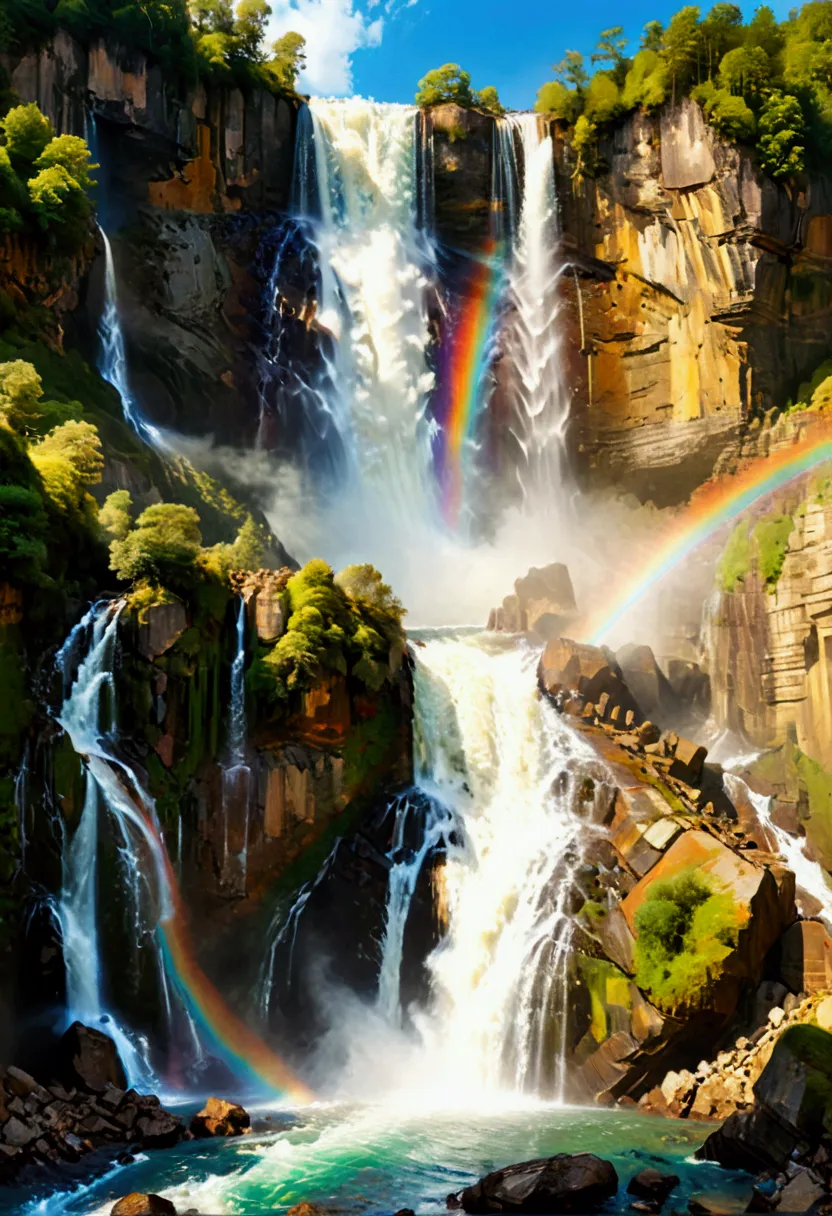 a ((low angle shot: 1.5)), from below of an epic waterfall, there is an epic waterfall coming out of an epic cliff, ((standing r...