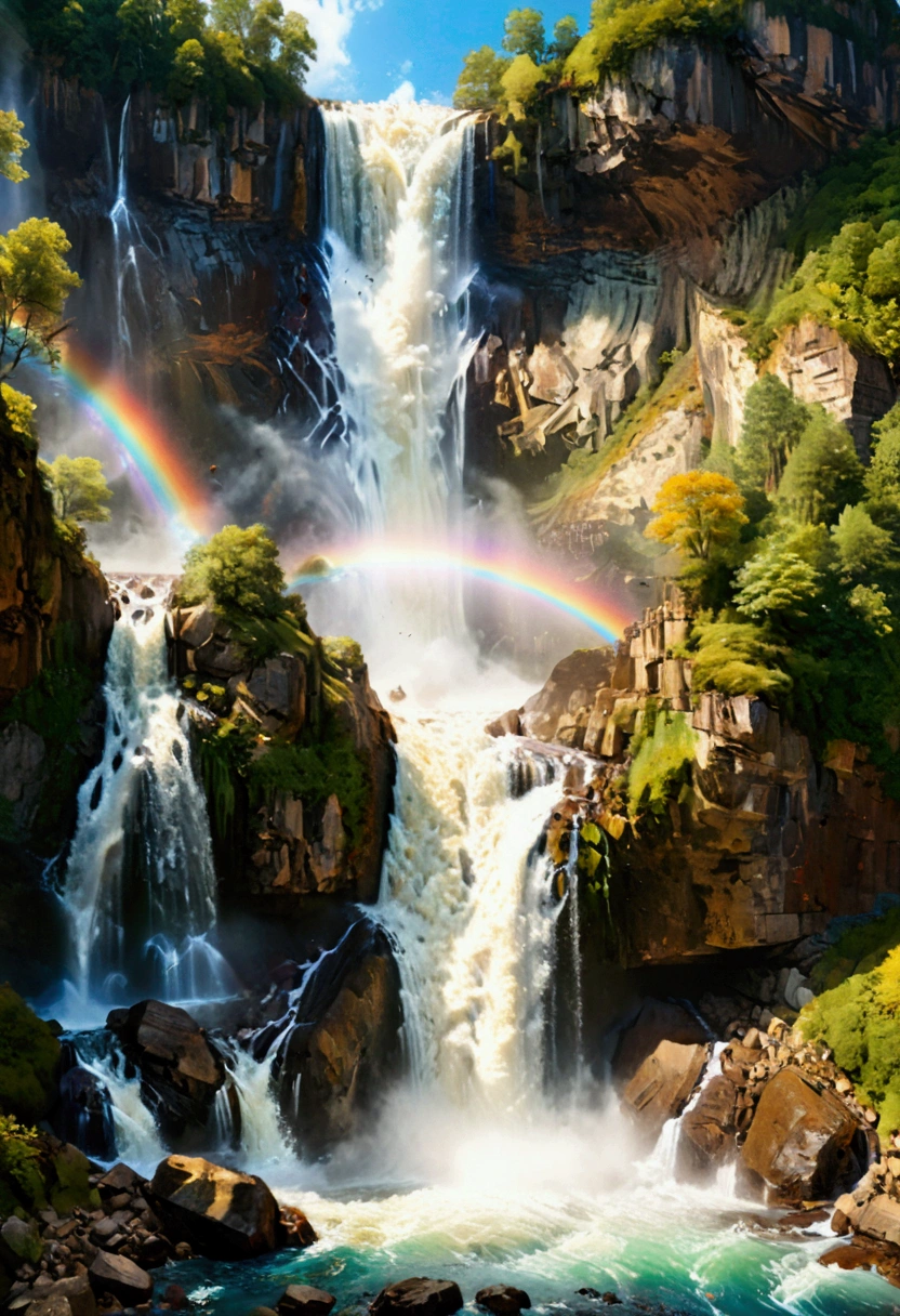 a ((tiro de ángulo bajo: 1.5)), desde abajo de una cascada épica, hay una cascada épica que sale de un acantilado épico, ((parado muy cerca de la cascada)) el agua bajando en serio, hay un arcoiris reflejado en el agua, vibrante, Resolución ultraalta, alto contraste, (obra maestra:1.5), de la máxima calidad, Mejor estetica), mejores detalles, mejor calidad, alta resolución, 16k, (ultra detallado: 1.5), obra maestra, mejor calidad, (extremadamente detallado) CRUDO, (ultra detalles, obra maestra, mejor calidad),  ral-czmcrnbw