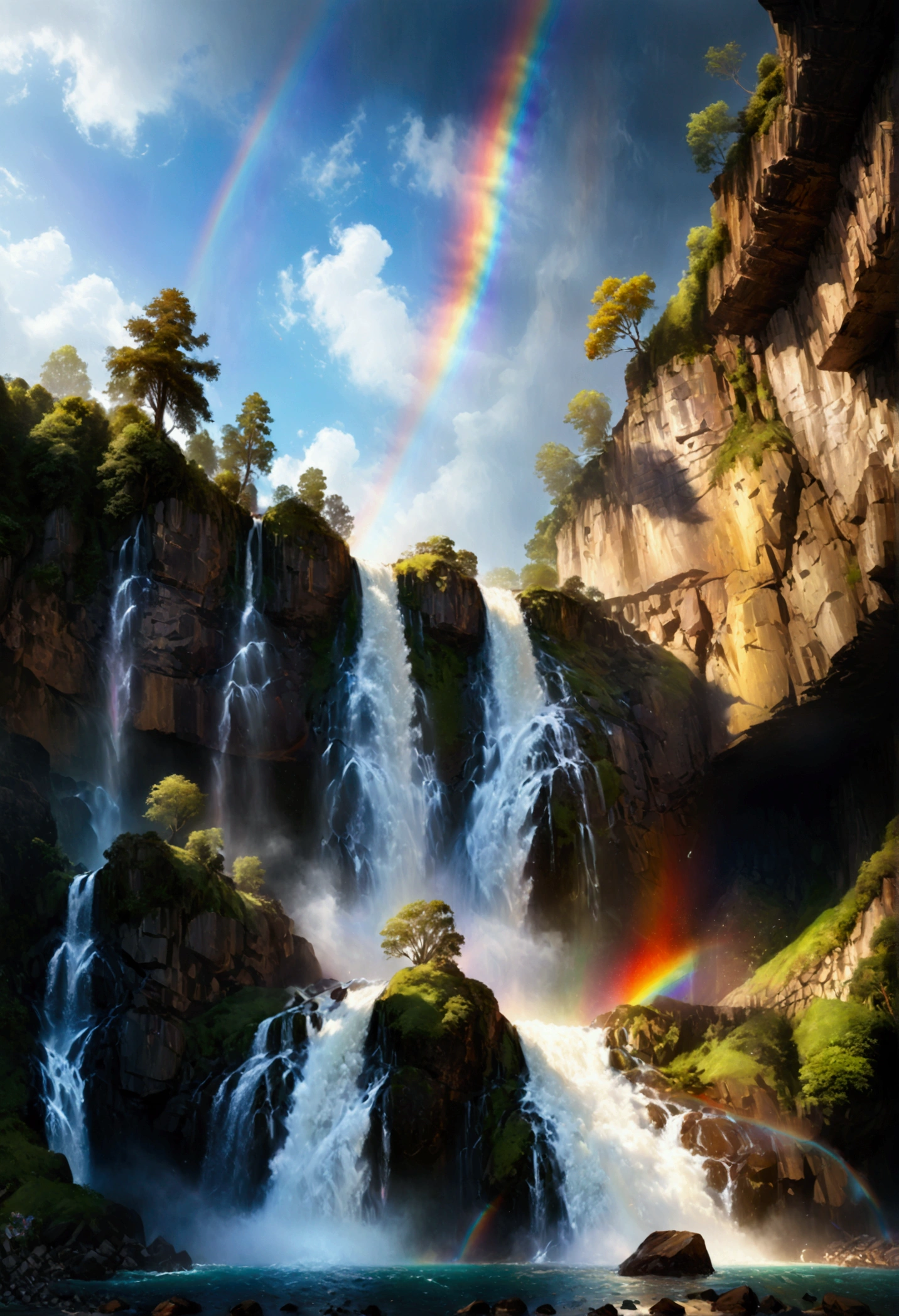 A ((low Angle shot: 1.5)), from below of An epic wAterfAll, there is An epic wAterfAll coming out of An epic cliff, ((stAnding reAlly close to the wAterfAll)) the wAter coming down in eArnest, there is A rAinbow reflected on the  wAter, vibrAnt, UltrA-high resolution, High ContrAst, (mAsterpiece:1.5), highest quAlity, Best Aesthetics), best detAils, best quAlity, 高解析度, 16k, (ultrA detAiled: 1.5), mAsterpiece, best quAlity, (extremely detAiled) 生的, (ultrA detAils, MAsterpiece, best quAlity),  rAl-czmcrnbw