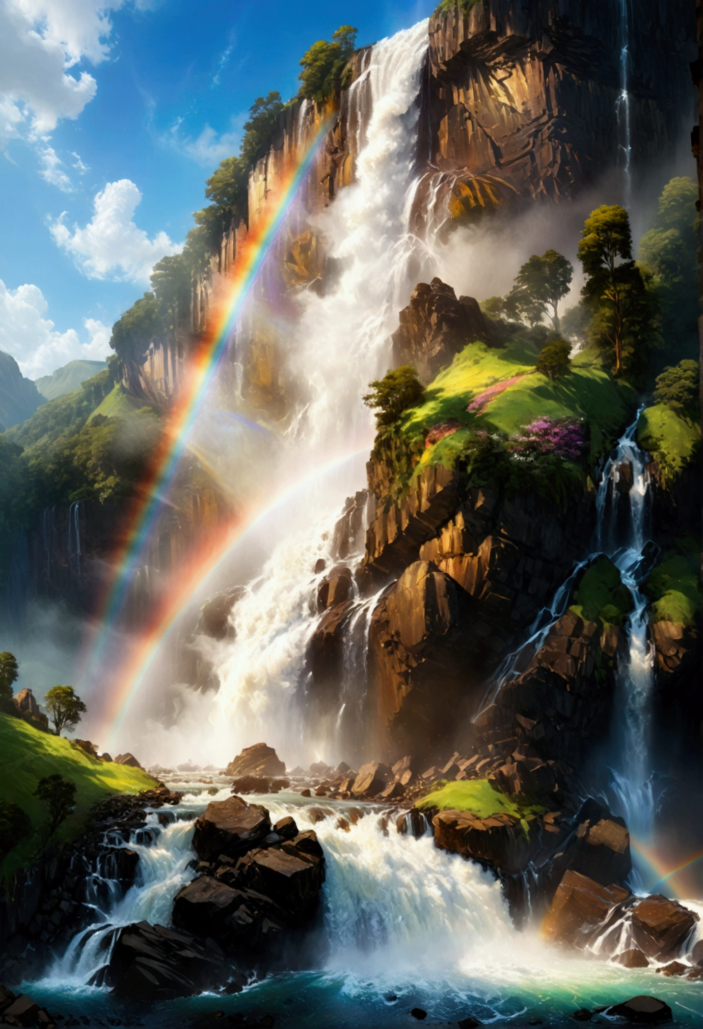 A ((low Angle shot: 1.5)), from below of An epic wAterfAll, there is An epic wAterfAll coming out of An epic cliff, ((stAnding reAlly close to the wAterfAll)) the wAter coming down in eArnest, there is A rAinbow reflected on the  wAter, vibrAnt, UltrA-high resolution, High ContrAst, (mAsterpiece:1.5), highest quAlity, Best Aesthetics), best detAils, best quAlity, 高解析度, 16k, (ultrA detAiled: 1.5), mAsterpiece, best quAlity, (extremely detAiled) 生的, (ultrA detAils, MAsterpiece, best quAlity),  rAl-czmcrnbw