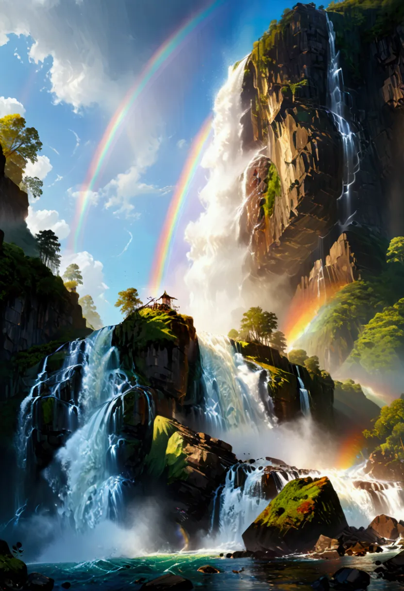 a ((low angle shot: 1.5)), from below of an epic waterfall, there is an epic waterfall coming out of an epic cliff, ((standing r...