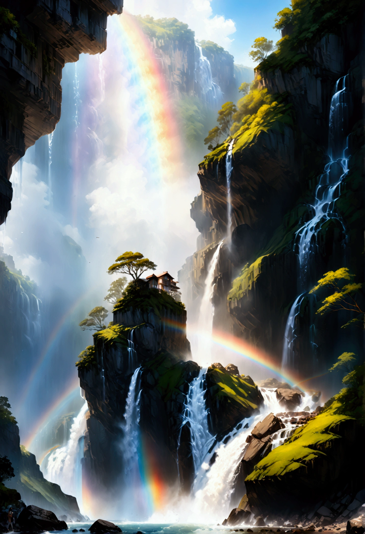 A ((low Angle shot: 1.5)), from below of An epic wAterfAll, there is An epic wAterfAll coming out of An epic cliff, ((stAnding reAlly close to the wAterfAll)) the wAter coming down in eArnest, there is A rAinbow reflected on the  wAter, vibrAnt, UltrA-high resolution, High ContrAst, (mAsterpiece:1.5), highest quAlity, Best Aesthetics), best detAils, best quAlity, 高解析度, 16k, (ultrA detAiled: 1.5), mAsterpiece, best quAlity, (extremely detAiled) 生的, (ultrA detAils, MAsterpiece, best quAlity),  rAl-czmcrnbw