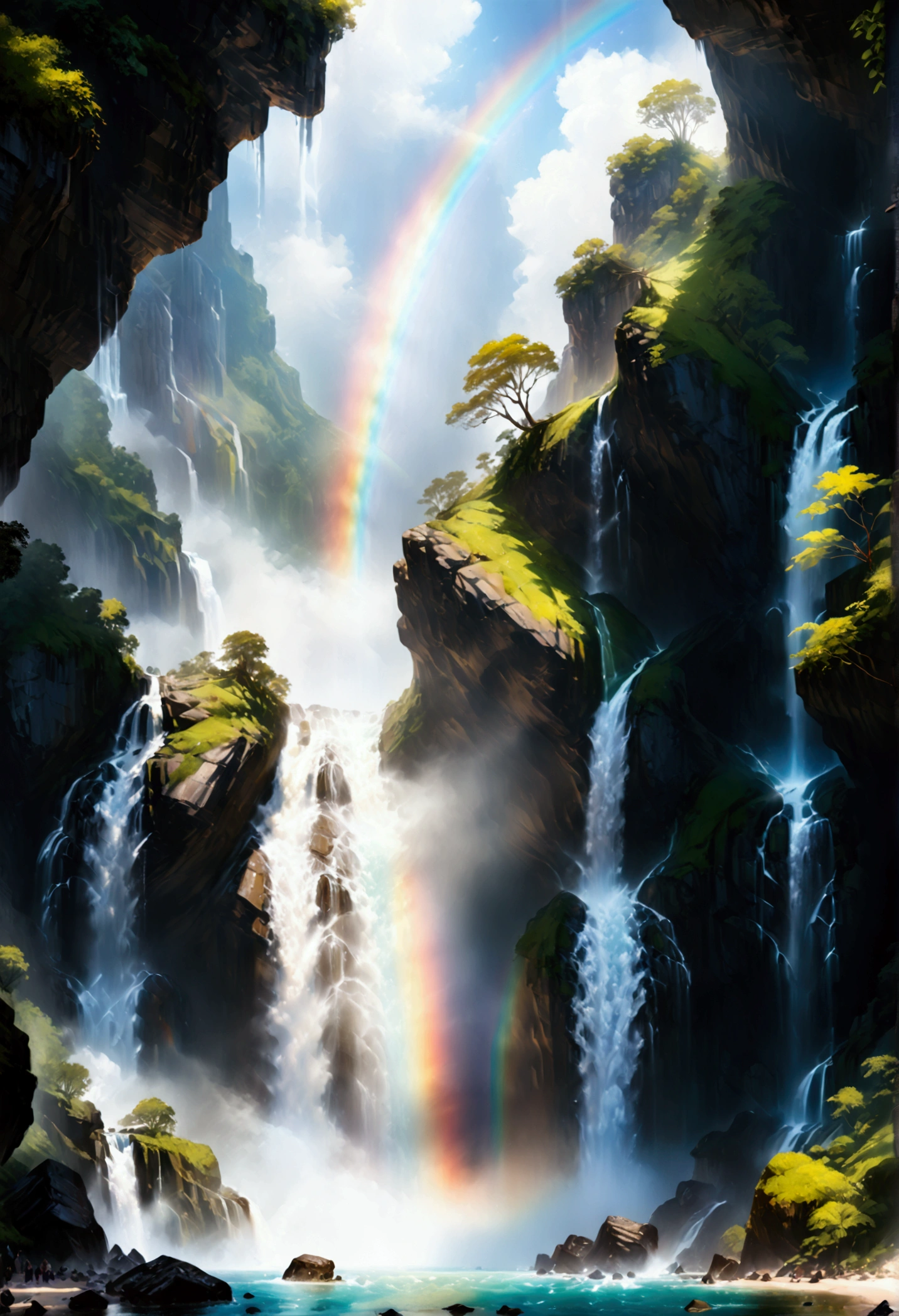 a ((tiro de ángulo bajo: 1.5)), desde abajo de una cascada épica, hay una cascada épica que sale de un acantilado épico, ((parado muy cerca de la cascada)) el agua bajando en serio, hay un arcoiris reflejado en el agua, vibrante, Resolución ultraalta, alto contraste, (obra maestra:1.5), de la máxima calidad, Mejor estetica), mejores detalles, mejor calidad, alta resolución, 16k, (ultra detallado: 1.5), obra maestra, mejor calidad, (extremadamente detallado) CRUDO, (ultra detalles, obra maestra, mejor calidad),  ral-czmcrnbw