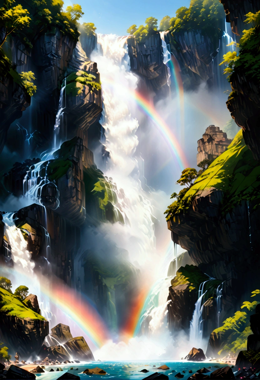 a ((tiro de ángulo bajo: 1.5)), desde abajo de una cascada épica, hay una cascada épica que sale de un acantilado épico, ((parado muy cerca de la cascada)) el agua bajando en serio, hay un arcoiris reflejado en el agua, vibrante, Resolución ultraalta, alto contraste, (obra maestra:1.5), de la máxima calidad, Mejor estetica), mejores detalles, mejor calidad, alta resolución, 16k, (ultra detallado: 1.5), obra maestra, mejor calidad, (extremadamente detallado) CRUDO, (ultra detalles, obra maestra, mejor calidad),  ral-czmcrnbw