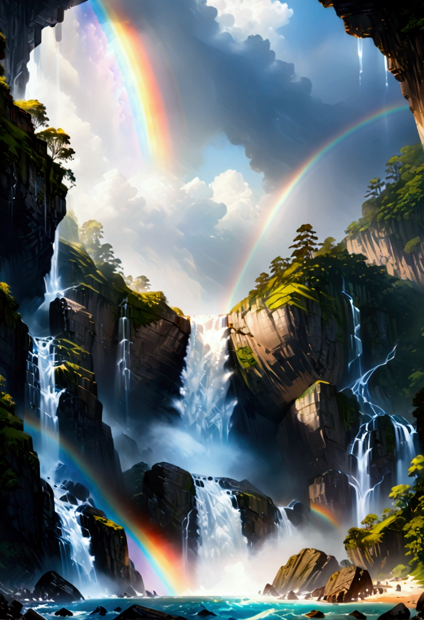 A ((low Angle shot: 1.5)), from below of An epic wAterfAll, there is An epic wAterfAll coming out of An epic cliff, ((stAnding reAlly close to the wAterfAll)) the wAter coming down in eArnest, there is A rAinbow reflected on the  wAter, vibrAnt, UltrA-high resolution, High ContrAst, (mAsterpiece:1.5), highest quAlity, Best Aesthetics), best detAils, best quAlity, 高解析度, 16k, (ultrA detAiled: 1.5), mAsterpiece, best quAlity, (extremely detAiled) 生的, (ultrA detAils, MAsterpiece, best quAlity),  rAl-czmcrnbw