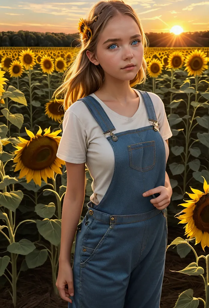 imagine a girl in overalls and work boots, in a field of sunflowers at dawn, watching the birds wake up to the new day, drama, i...