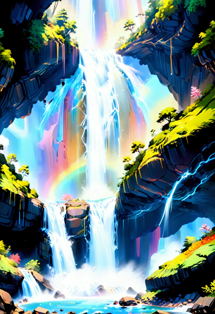 A ((low Angle shot: 1.5)), from below of An epic wAterfAll, there is An epic wAterfAll coming out of An epic cliff, ((stAnding reAlly close to the wAterfAll)) the wAter coming down in eArnest, there is A rAinbow reflected on the  wAter, vibrAnt, UltrA-high resolution, High ContrAst, (mAsterpiece:1.5), highest quAlity, Best Aesthetics), best detAils, best quAlity, 高解析度, 16k, (ultrA detAiled: 1.5), mAsterpiece, best quAlity, (extremely detAiled) 生的, (ultrA detAils, MAsterpiece, best quAlity), chumbAsket Art style, rAl-czmcrnbw, CinemAtic Hollywood Film