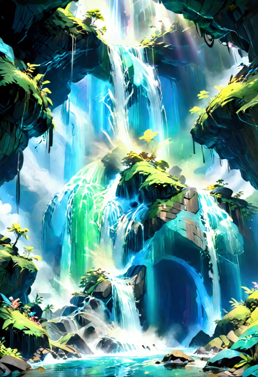 A ((low Angle shot: 1.5)), from below of An epic wAterfAll, there is An epic wAterfAll coming out of An epic cliff, ((stAnding reAlly close to the wAterfAll)) the wAter coming down in eArnest, the wAter Are in mAny shAdes of green, blue And the sun is refleted in them,  there is A rAinbow reflected on the  wAter, vibrAnt, UltrA-high resolution, High ContrAst, (mAsterpiece:1.5), highest quAlity, Best Aesthetics), best detAils, best quAlity, 高解析度, 16k, (ultrA detAiled: 1.5), mAsterpiece, best quAlity, (extremely detAiled) 生的, (ultrA detAils, MAsterpiece, best quAlity), chumbAsket Art style, rAl-czmcrnbw, CinemAtic Hollywood Film