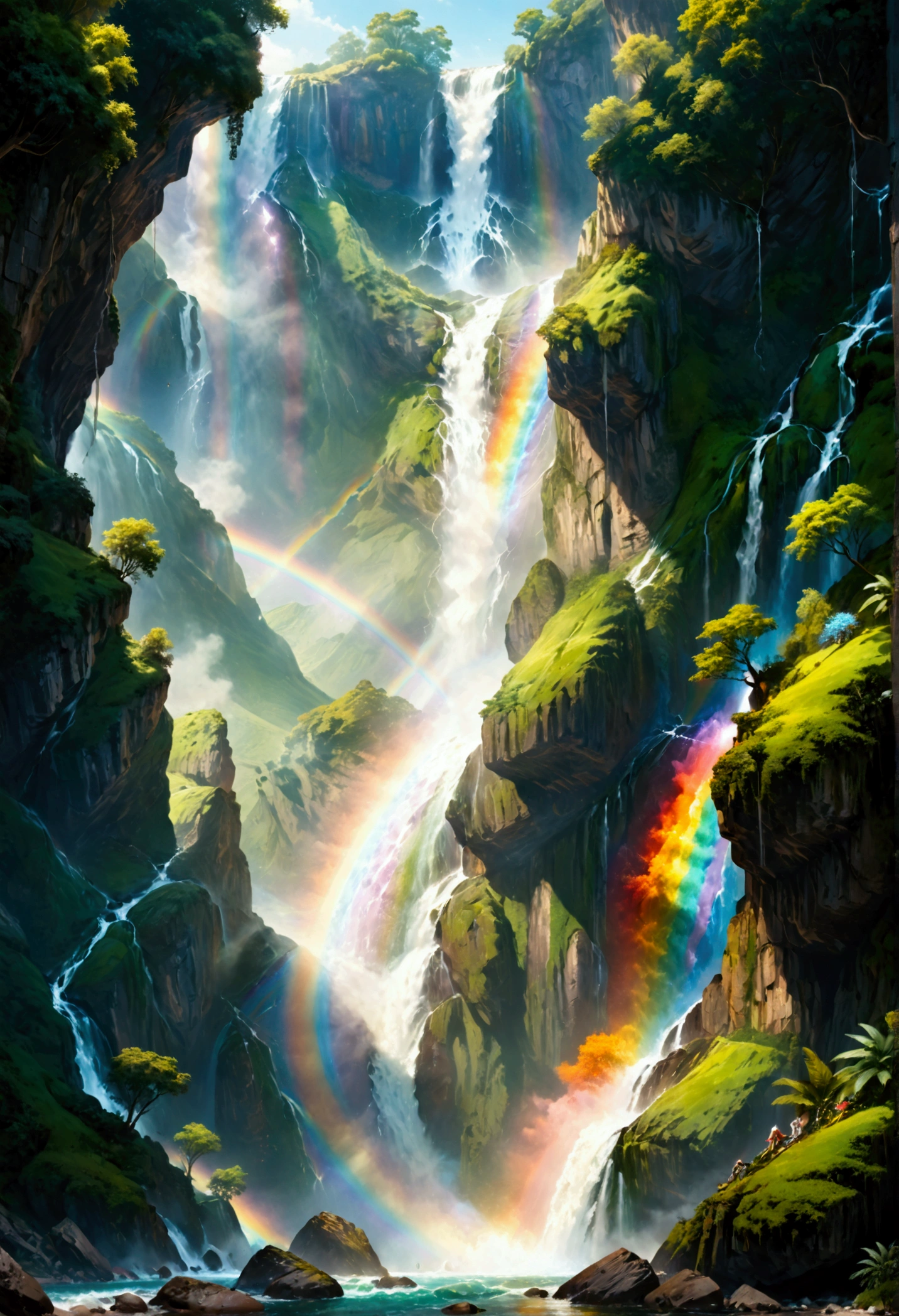 A ((low Angle shot: 1.5)), from below of An epic wAterfAll, there is An epic wAterfAll coming out of An epic cliff, ((stAnding reAlly close to the wAterfAll)) the wAter coming down in eArnest, the wAter Are in mAny shAdes of green, blue And the sun is refleted in them,  there is A rAinbow reflected on the  wAter, vibrAnt, UltrA-high resolution, High ContrAst, (mAsterpiece:1.5), highest quAlity, Best Aesthetics), best detAils, best quAlity, 高解析度, 16k, (ultrA detAiled: 1.5), mAsterpiece, best quAlity, (extremely detAiled) 生的, (ultrA detAils, MAsterpiece, best quAlity), chumbAsket Art style, rAl-czmcrnbw, CinemAtic Hollywood Film