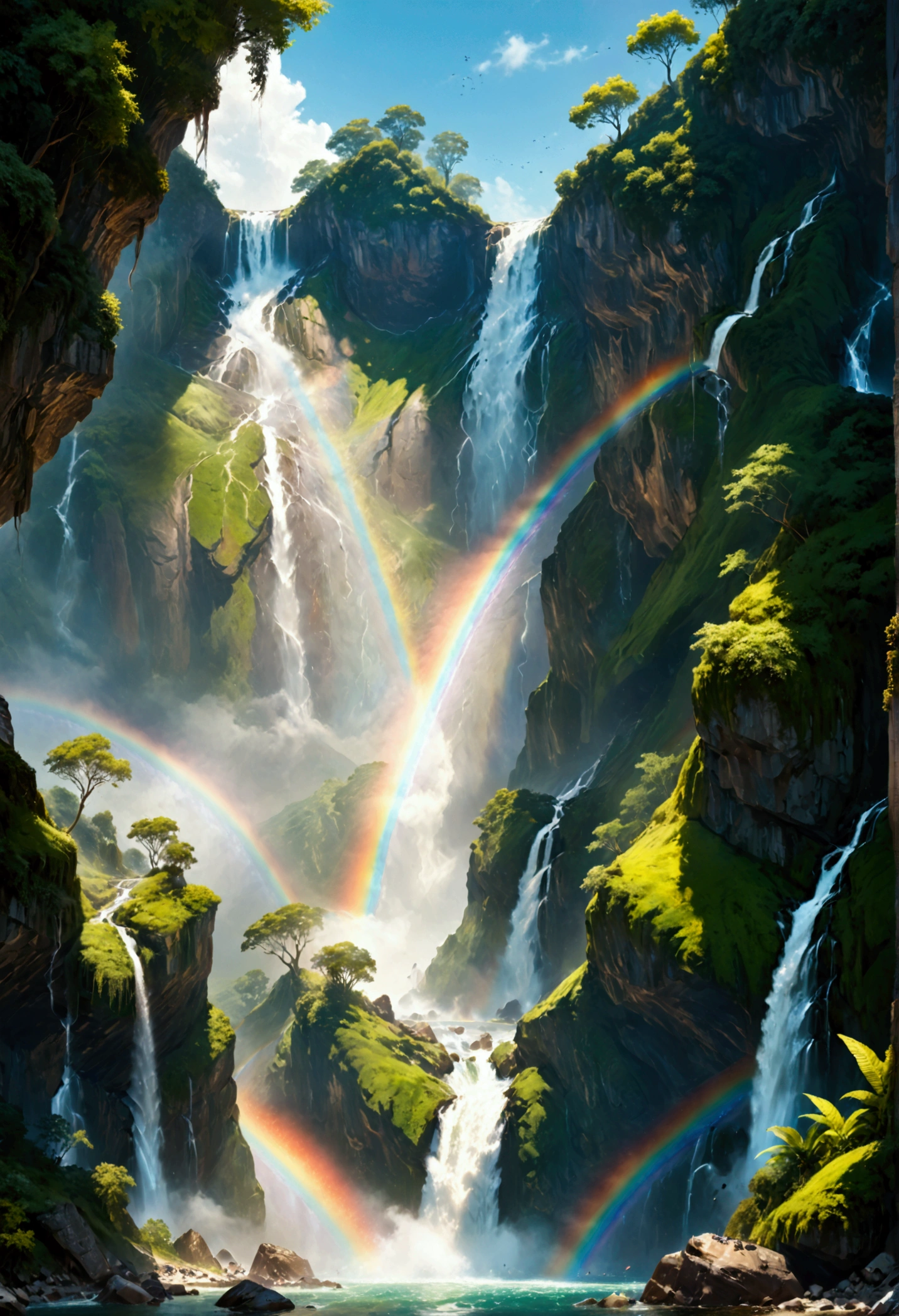 A ((low Angle shot: 1.5)), from below of An epic wAterfAll, there is An epic wAterfAll coming out of An epic cliff, ((stAnding reAlly close to the wAterfAll)) the wAter coming down in eArnest, the wAter Are in mAny shAdes of green, blue And the sun is refleted in them,  there is A rAinbow reflected on the  wAter, vibrAnt, UltrA-high resolution, High ContrAst, (mAsterpiece:1.5), highest quAlity, Best Aesthetics), best detAils, best quAlity, 高解析度, 16k, (ultrA detAiled: 1.5), mAsterpiece, best quAlity, (extremely detAiled) 生的, (ultrA detAils, MAsterpiece, best quAlity), chumbAsket Art style, rAl-czmcrnbw, CinemAtic Hollywood Film