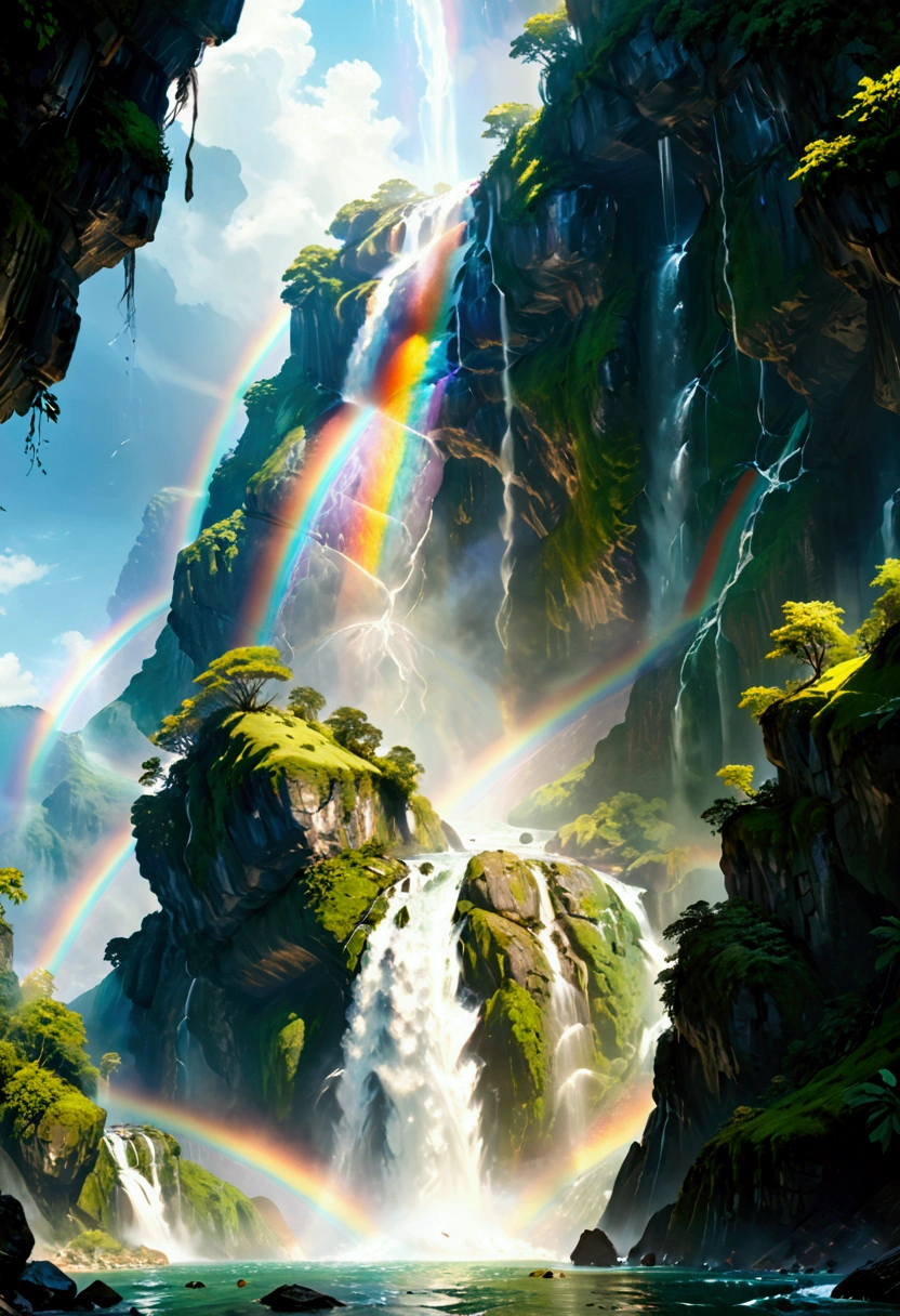 A ((low Angle shot: 1.5)), from below of An epic wAterfAll, there is An epic wAterfAll coming out of An epic cliff, ((stAnding reAlly close to the wAterfAll)) the wAter coming down in eArnest, the wAter Are in mAny shAdes of green, blue And the sun is refleted in them,  there is A rAinbow reflected on the  wAter, vibrAnt, UltrA-high resolution, High ContrAst, (mAsterpiece:1.5), highest quAlity, Best Aesthetics), best detAils, best quAlity, 高解析度, 16k, (ultrA detAiled: 1.5), mAsterpiece, best quAlity, (extremely detAiled) 生的, (ultrA detAils, MAsterpiece, best quAlity), chumbAsket Art style, rAl-czmcrnbw, CinemAtic Hollywood Film