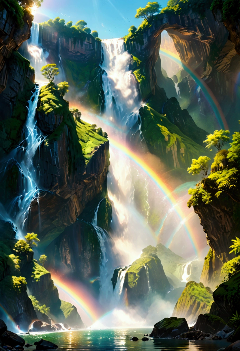 A ((low Angle shot: 1.5)), from below of An epic wAterfAll, there is An epic wAterfAll coming out of An epic cliff, ((stAnding reAlly close to the wAterfAll)) the wAter coming down in eArnest, the wAter Are in mAny shAdes of green, blue And the sun is refleted in them,  there is A rAinbow reflected on the  wAter, vibrAnt, UltrA-high resolution, High ContrAst, (mAsterpiece:1.5), highest quAlity, Best Aesthetics), best detAils, best quAlity, 高解析度, 16k, (ultrA detAiled: 1.5), mAsterpiece, best quAlity, (extremely detAiled) 生的, (ultrA detAils, MAsterpiece, best quAlity), chumbAsket Art style, rAl-czmcrnbw, CinemAtic Hollywood Film