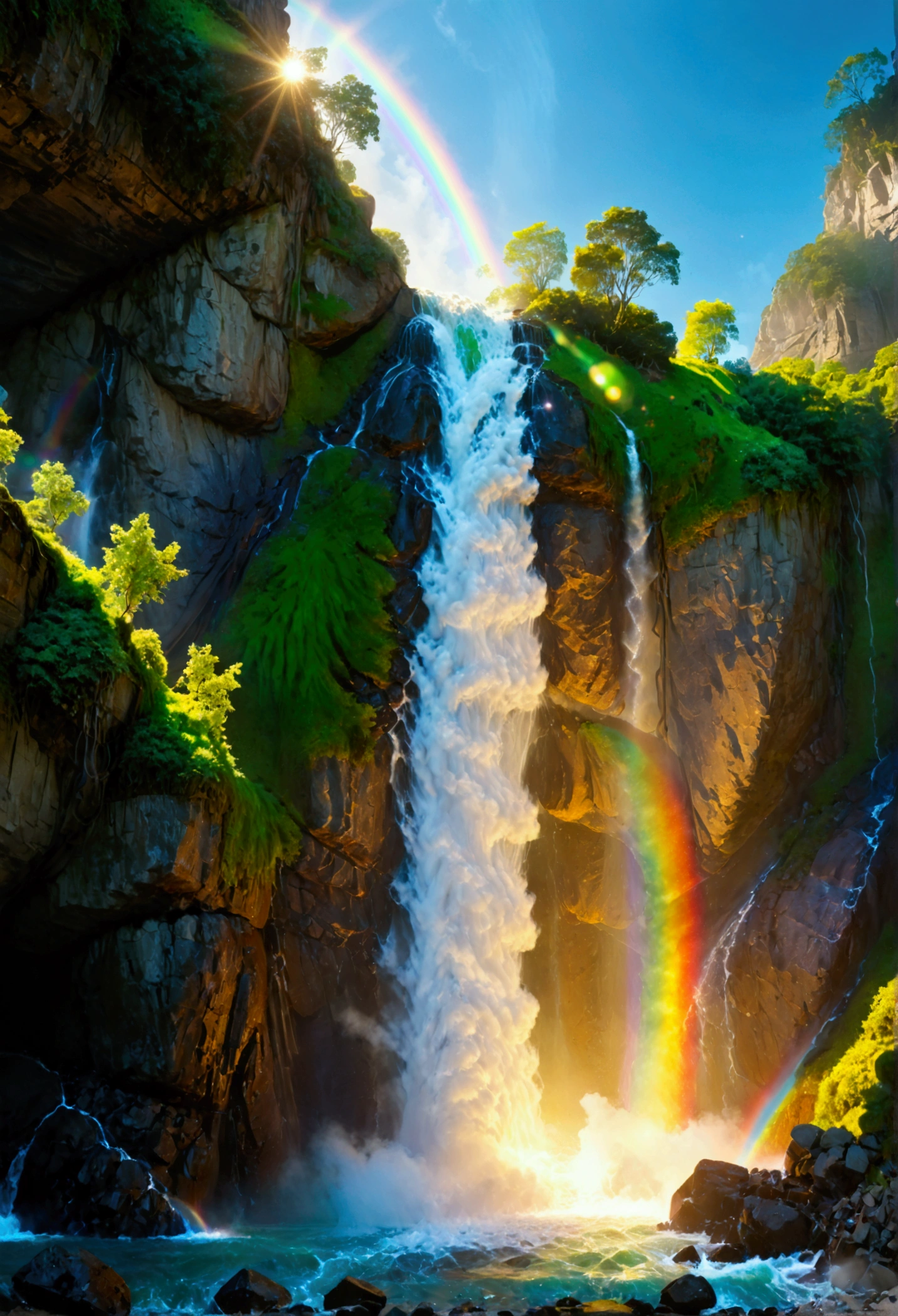 A ((low Angle shot: 1.5)), from below of An epic wAterfAll, there is An epic wAterfAll coming out of An epic cliff, ((stAnding reAlly close to the wAterfAll)) the wAter coming down in eArnest, the wAter Are in mAny shAdes of green, blue And the sun is refleted in them,  there is A rAinbow reflected on the  wAter, vibrAnt, UltrA-high resolution, High ContrAst, (mAsterpiece:1.5), highest quAlity, Best Aesthetics), best detAils, best quAlity, 高解析度, 16k, (ultrA detAiled: 1.5), mAsterpiece, best quAlity, (extremely detAiled) 生的, (ultrA detAils, MAsterpiece, best quAlity), chumbAsket Art style, rAl-czmcrnbw, CinemAtic Hollywood Film