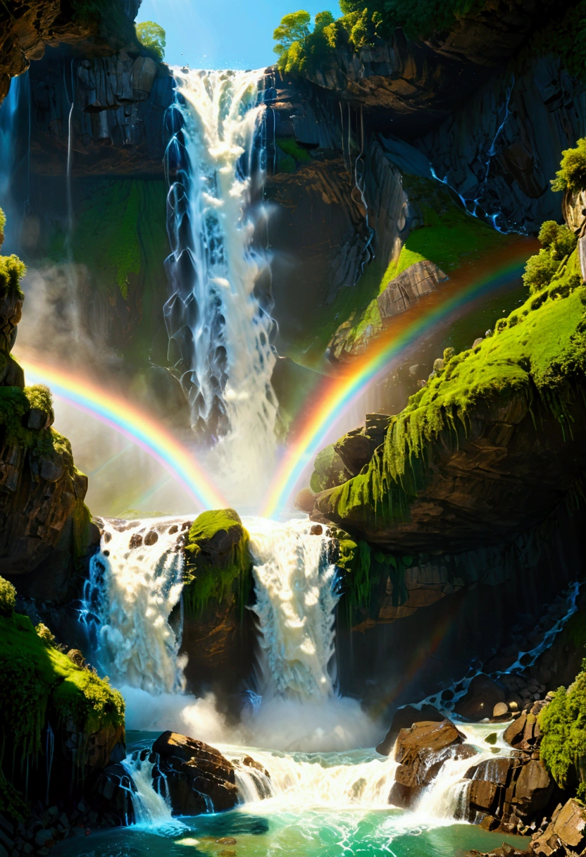 A ((low Angle shot: 1.5)), from below of An epic wAterfAll, there is An epic wAterfAll coming out of An epic cliff, ((stAnding reAlly close to the wAterfAll)) the wAter coming down in eArnest, the wAter Are in mAny shAdes of green, blue And the sun is refleted in them,  there is A rAinbow reflected on the  wAter, vibrAnt, UltrA-high resolution, High ContrAst, (mAsterpiece:1.5), highest quAlity, Best Aesthetics), best detAils, best quAlity, 高解析度, 16k, (ultrA detAiled: 1.5), mAsterpiece, best quAlity, (extremely detAiled) 生的, (ultrA detAils, MAsterpiece, best quAlity), chumbAsket Art style, rAl-czmcrnbw, CinemAtic Hollywood Film