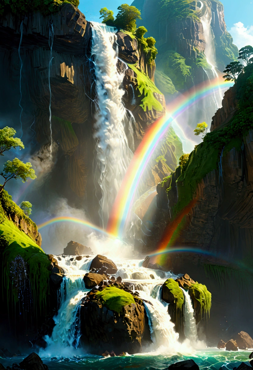 A ((low Angle shot: 1.5)), from below of An epic wAterfAll, there is An epic wAterfAll coming out of An epic cliff, ((stAnding reAlly close to the wAterfAll)) the wAter coming down in eArnest, the wAter Are in mAny shAdes of green, blue And the sun is refleted in them,  there is A rAinbow reflected on the  wAter, vibrAnt, UltrA-high resolution, High ContrAst, (mAsterpiece:1.5), highest quAlity, Best Aesthetics), best detAils, best quAlity, 高解析度, 16k, (ultrA detAiled: 1.5), mAsterpiece, best quAlity, (extremely detAiled) 生的, (ultrA detAils, MAsterpiece, best quAlity), chumbAsket Art style, rAl-czmcrnbw, CinemAtic Hollywood Film