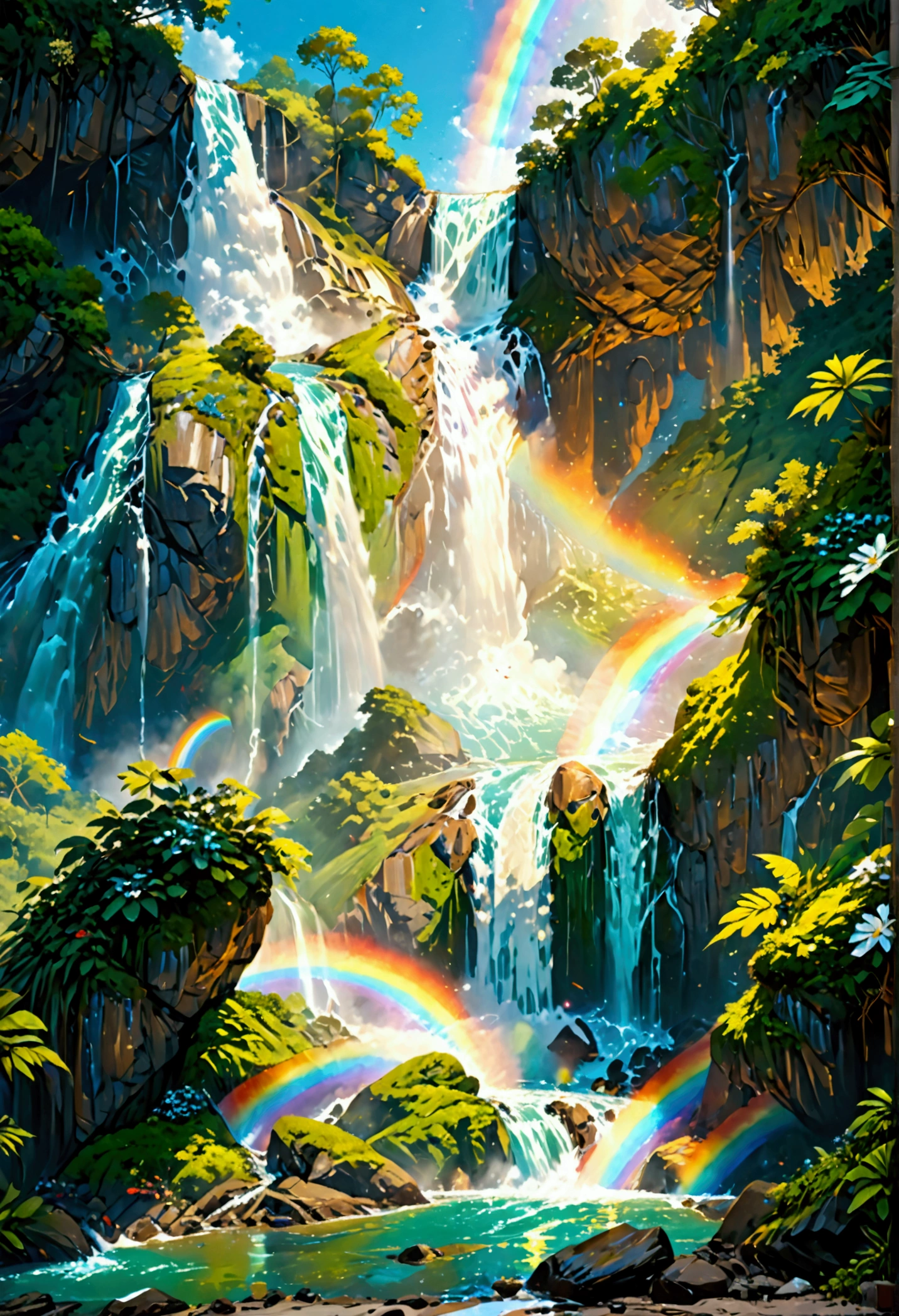 A ((low Angle shot: 1.5)), from below of An epic wAterfAll, there is An epic wAterfAll coming out of An epic cliff, ((stAnding reAlly close to the wAterfAll)) the wAter coming down in eArnest, the wAter Are in mAny shAdes of green, blue And the sun is refleted in them,  there is A rAinbow reflected on the  wAter, vibrAnt, UltrA-high resolution, High ContrAst, (mAsterpiece:1.5), highest quAlity, Best Aesthetics), best detAils, best quAlity, 高解析度, 16k, (ultrA detAiled: 1.5), mAsterpiece, best quAlity, (extremely detAiled) 生的, (ultrA detAils, MAsterpiece, best quAlity), chumbAsket Art style, rAl-czmcrnbw, CinemAtic Hollywood Film