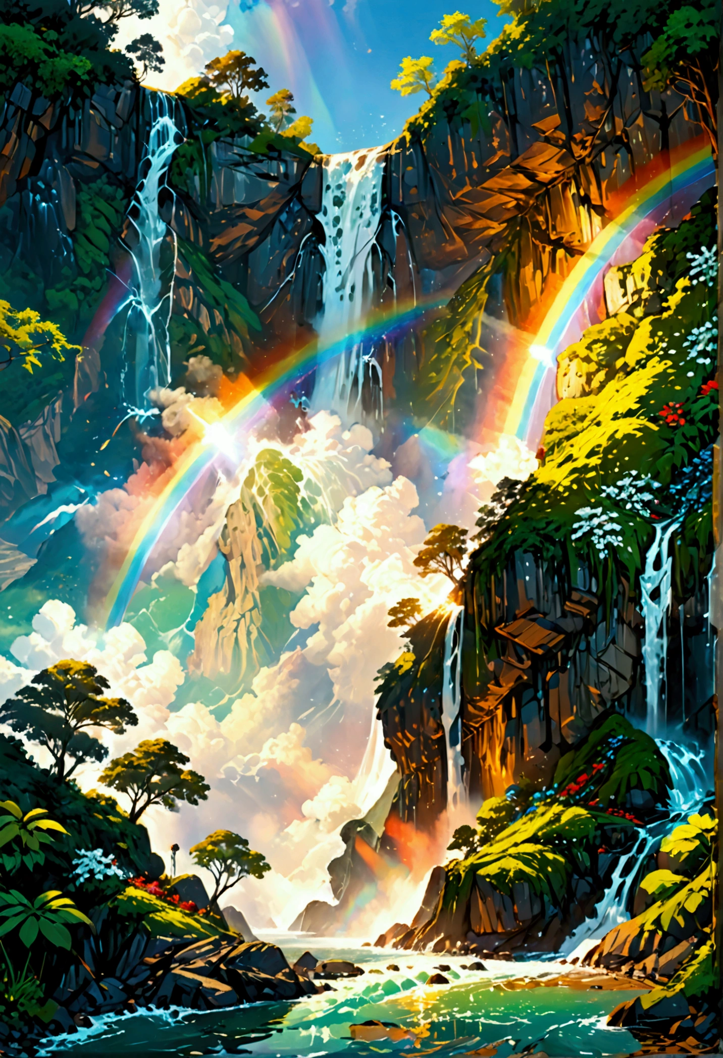 A ((low Angle shot: 1.5)), from below of An epic wAterfAll, there is An epic wAterfAll coming out of An epic cliff, ((stAnding reAlly close to the wAterfAll)) the wAter coming down in eArnest, the wAter Are in mAny shAdes of green, blue And the sun is refleted in them,  there is A rAinbow reflected on the  wAter, vibrAnt, UltrA-high resolution, High ContrAst, (mAsterpiece:1.5), highest quAlity, Best Aesthetics), best detAils, best quAlity, 高解析度, 16k, (ultrA detAiled: 1.5), mAsterpiece, best quAlity, (extremely detAiled) 生的, (ultrA detAils, MAsterpiece, best quAlity), chumbAsket Art style, rAl-czmcrnbw, CinemAtic Hollywood Film