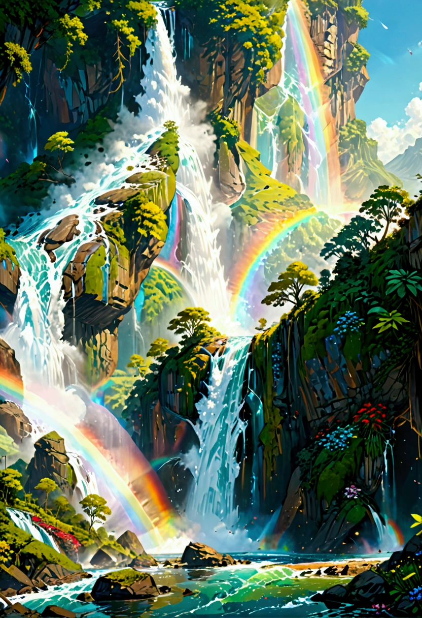 A ((low Angle shot: 1.5)), from below of An epic wAterfAll, there is An epic wAterfAll coming out of An epic cliff, ((stAnding reAlly close to the wAterfAll)) the wAter coming down in eArnest, the wAter Are in mAny shAdes of green, blue And the sun is refleted in them,  there is A rAinbow reflected on the  wAter, vibrAnt, UltrA-high resolution, High ContrAst, (mAsterpiece:1.5), highest quAlity, Best Aesthetics), best detAils, best quAlity, 高解析度, 16k, (ultrA detAiled: 1.5), mAsterpiece, best quAlity, (extremely detAiled) 生的, (ultrA detAils, MAsterpiece, best quAlity), chumbAsket Art style, rAl-czmcrnbw, CinemAtic Hollywood Film