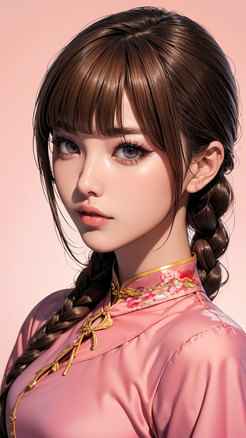 Realistic, masterpiece, Highest quality, Highest Resolution, Anatomically correct, Accurate Anatomy, 7 heads, Height: 165cm, One Japanese woman, A sharp expression with some teeth showing, 視聴者を見ずに遠くを見るSharp Eyes, Fine and beautiful eyes, Sparkling eyes, Thin eyebrows, Gives lashes a delicate finish, False eyelashes, (Chinese traditional makeup:1.2), (Braided hair, Blunt bangs, Brown Hair:1.2), Detailed face, Sharp Eyes, (Classic pink cheongsam, Fitted clothing:1.3), Bust up photo, Blank background in warm colors