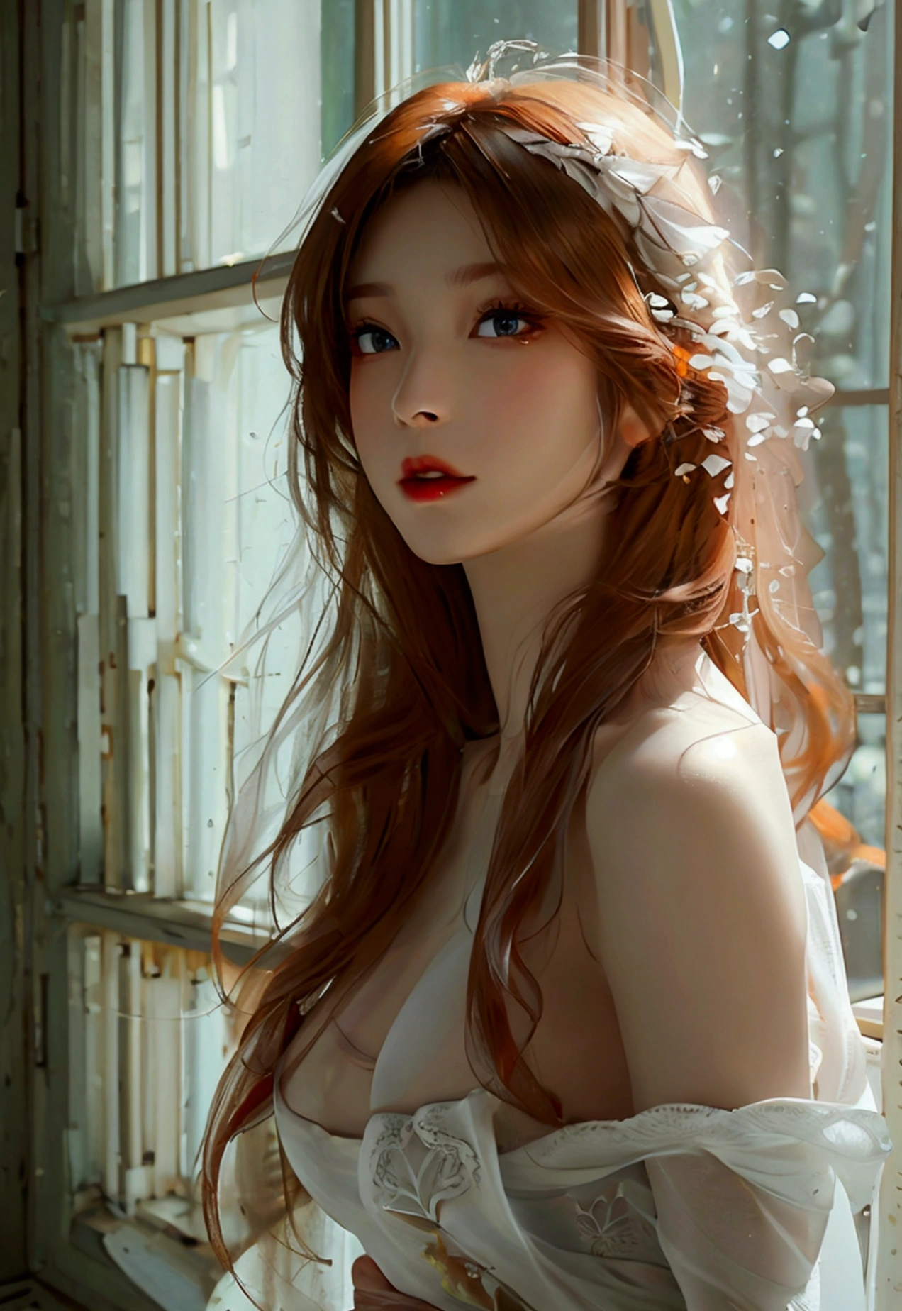 4K, UHD, Masterpiece, 1 woman, perfect body, Good page., long hairมาก, ((white skin)), red dress, bare waist, Fuji Color, window, depth of field, Ray Tracing, Ultra Realistic Details, Attractive poses, She has a slim, beautiful, and delicate face.., sharp eyes, long hair, responsive face, high nose, and thin lips, Her skin was white and radiant.., She has light brown hair.., And her figure was slim and slightly muscular.