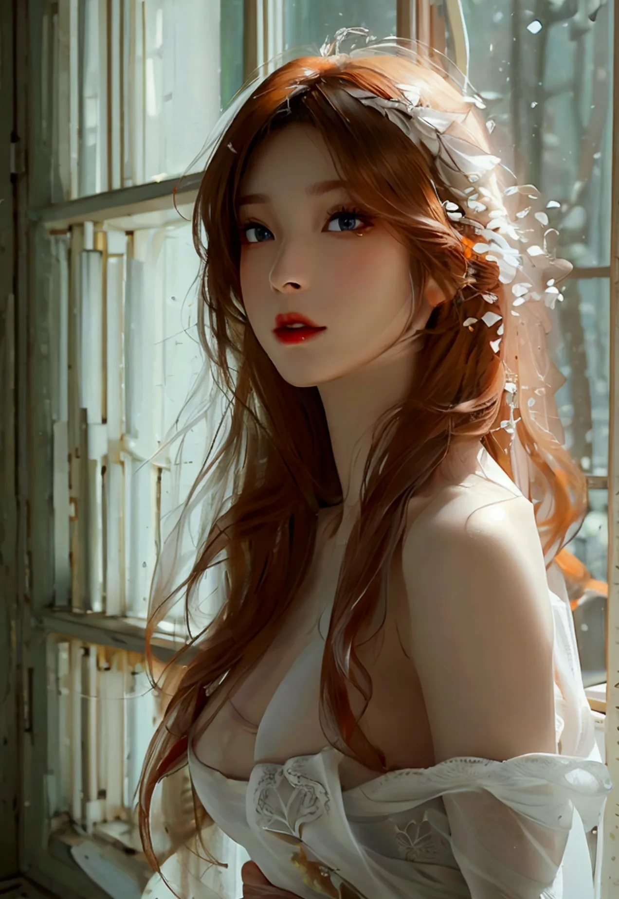 4K, UHD, Masterpiece, 1 woman, perfect body, Good page., long hairมาก, ((white skin)), red dress, bare waist, Fuji Color, window...