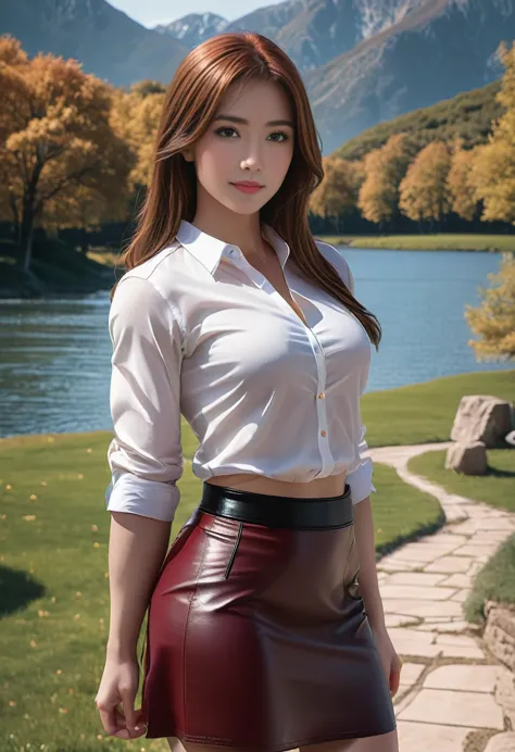ultrarealistic, (1girl), full body pose, very muscular Karen Gillan she is standing alone near a lake in a beautiful morning (dr...